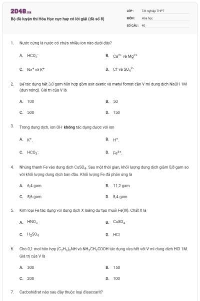 Bộ đề luyện thi Hóa Học cực hay có lời giải (đề số 8)