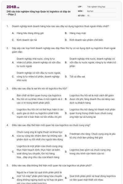 240 câu trắc nghiệm tổng hợp Quản trị logistics có đáp án - Phần 2