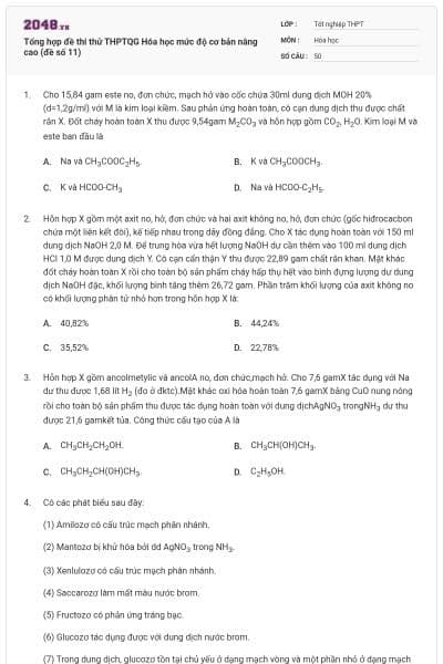 Tổng hợp đề thi thử THPTQG Hóa học mức độ cơ bản nâng cao (đề số 11)