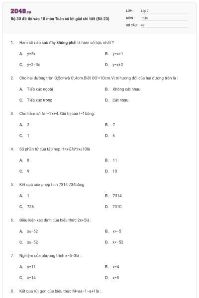 Bộ 30 đề thi vào 10 môn Toán có lời giải chi tiết (Đề 23)