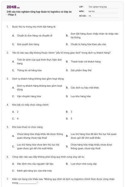 240 câu trắc nghiệm tổng hợp Quản trị logistics có đáp án - Phần 5