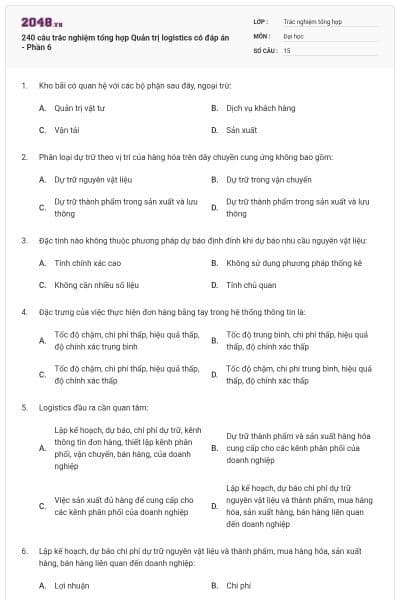 240 câu trắc nghiệm tổng hợp Quản trị logistics có đáp án - Phần 6