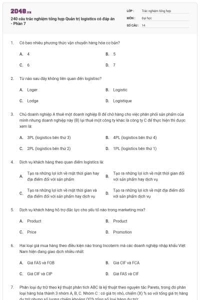 240 câu trắc nghiệm tổng hợp Quản trị logistics có đáp án - Phần 7