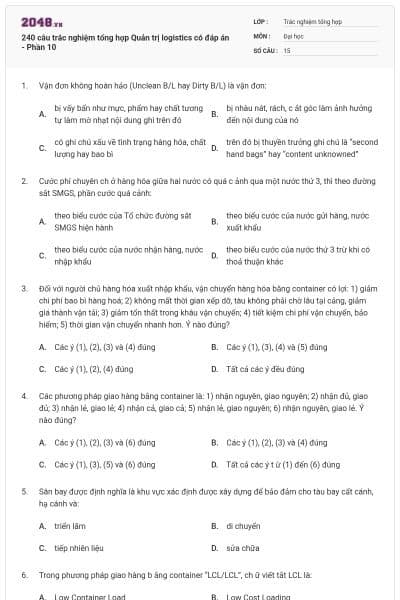 240 câu trắc nghiệm tổng hợp Quản trị logistics có đáp án - Phần 10