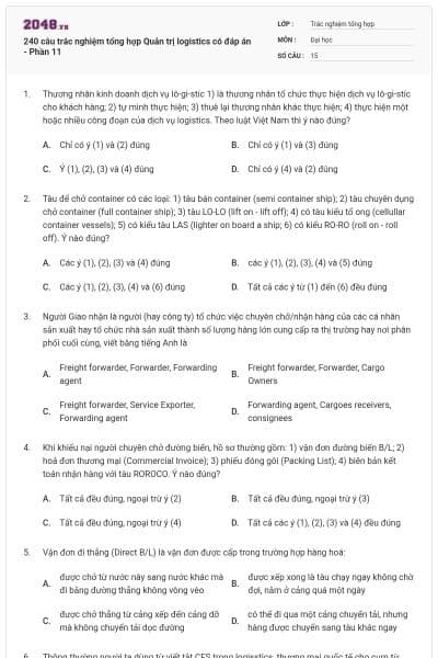 240 câu trắc nghiệm tổng hợp Quản trị logistics có đáp án - Phần 11