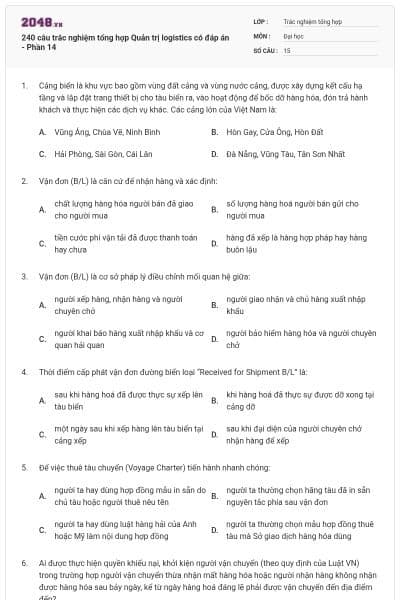 240 câu trắc nghiệm tổng hợp Quản trị logistics có đáp án - Phần 14