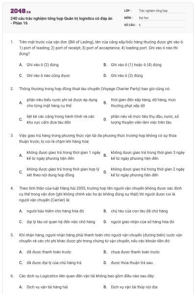 240 câu trắc nghiệm tổng hợp Quản trị logistics có đáp án - Phần 16