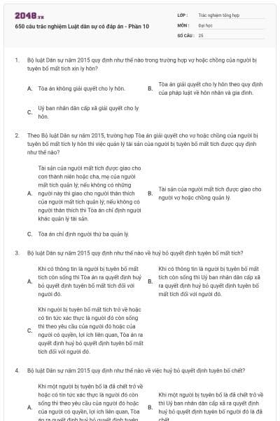 650 câu trắc nghiệm Luật dân sự có đáp án - Phần 10