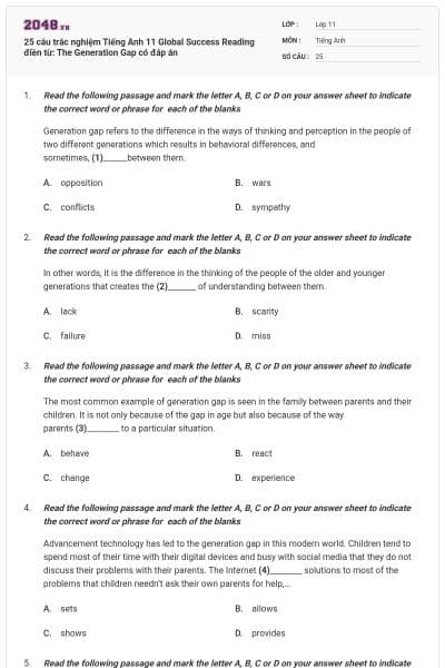 25 câu trắc nghiệm Tiếng Anh 11 Global Success Reading điền từ: The Generation Gap có đáp án