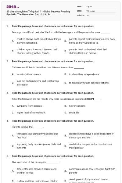 20 câu trắc nghiệm Tiếng Anh 11 Global Success Reading đọc hiểu: The Generation Gap có đáp án