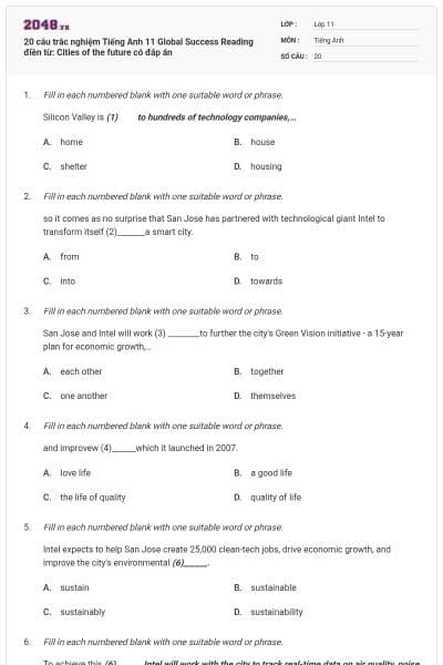 20 câu trắc nghiệm Tiếng Anh 11 Global Success Reading điền từ: Cities of the future có đáp án