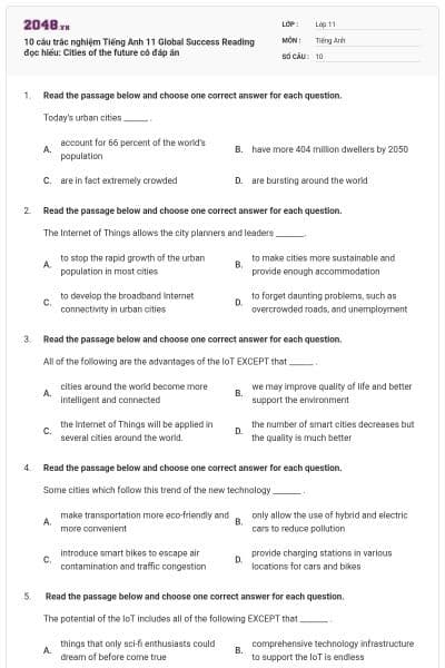 10 câu trắc nghiệm Tiếng Anh 11 Global Success Reading đọc hiểu: Cities of the future có đáp án