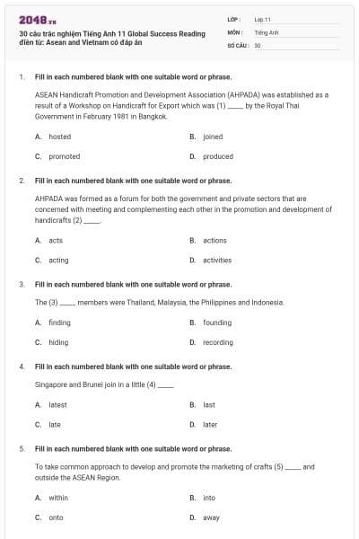 30 câu trắc nghiệm Tiếng Anh 11 Global Success Reading điền từ: Asean and Vietnam có đáp án