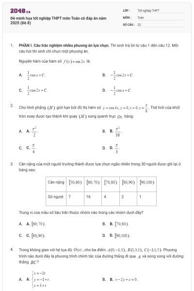 Đề minh họa tốt nghiệp THPT môn Toán có đáp án năm 2025 (Đề 8)