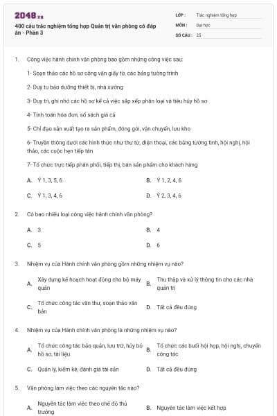 400 câu trắc nghiệm tổng hợp Quản trị văn phòng có đáp án - Phần 3