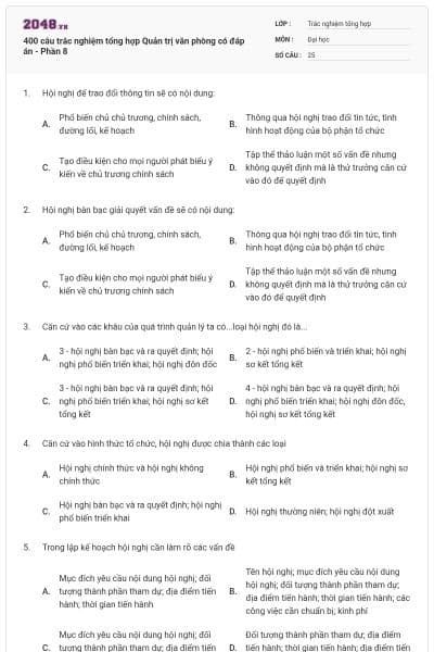 400 câu trắc nghiệm tổng hợp Quản trị văn phòng có đáp án - Phần 8