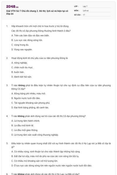 Giải VTH Sử 7 Chủ đề chung 2. Đô thị: lịch sử và hiện tại có đáp án
