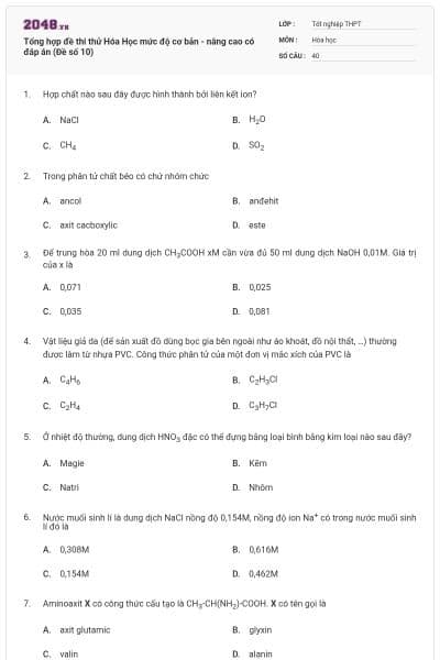 Tổng hợp đề thi thử Hóa Học mức độ cơ bản - nâng cao có đáp án (Đề số 10)