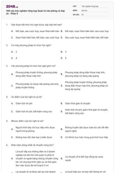 400 câu trắc nghiệm tổng hợp Quản trị văn phòng có đáp án - Phần 9