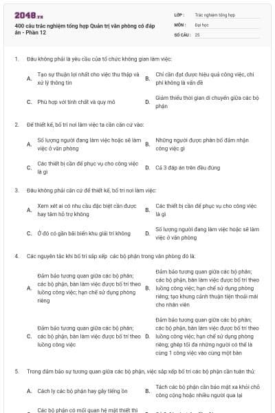 400 câu trắc nghiệm tổng hợp Quản trị văn phòng có đáp án - Phần 12