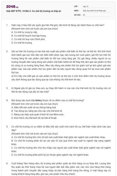 Giải SBT KTPL 10 Bài 4. Cơ chế thị trường có đáp án