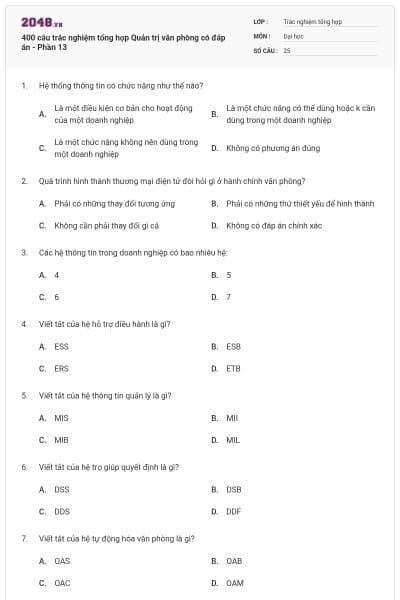 400 câu trắc nghiệm tổng hợp Quản trị văn phòng có đáp án - Phần 13