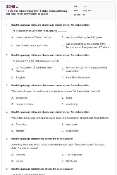 15 câu trắc nghiệm Tiếng Anh 11 Global Success Reading đọc hiểu: Asean and Vietnam có đáp án