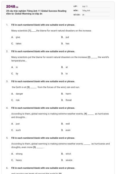 28 câu trắc nghiệm Tiếng Anh 11 Global Success Reading điền từ: Global Warming có đáp án