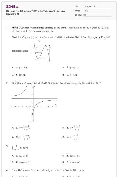 Đề minh họa tốt nghiệp THPT môn Toán có đáp án năm 2025 (Đề 9)