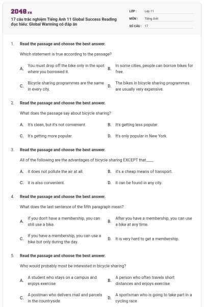 17 câu trắc nghiệm Tiếng Anh 11 Global Success Reading đọc hiểu: Global Warming có đáp án