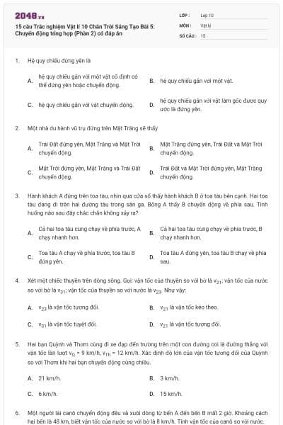 15 câu Trắc nghiệm Vật lí 10 Chân Trời Sáng Tạo Bài 5: Chuyển động tổng hợp (Phần 2) có đáp án