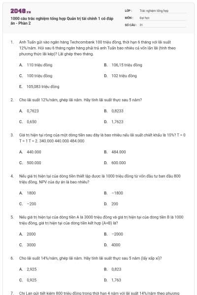 1000 câu trắc nghiệm tổng hợp Quản trị tài chính 1 có đáp án - Phần 2