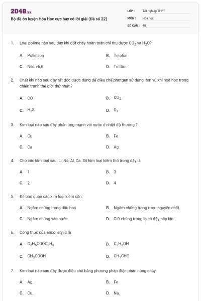 Bộ đề ôn luyện Hóa Học cực hay có lời giải (Đề số 22)