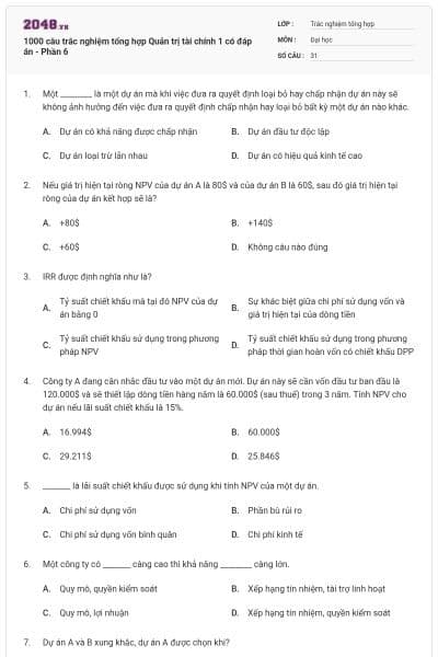 1000 câu trắc nghiệm tổng hợp Quản trị tài chính 1 có đáp án - Phần 6