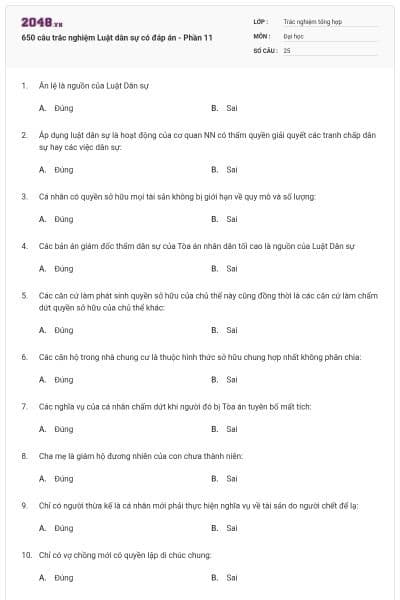 650 câu trắc nghiệm Luật dân sự có đáp án - Phần 11