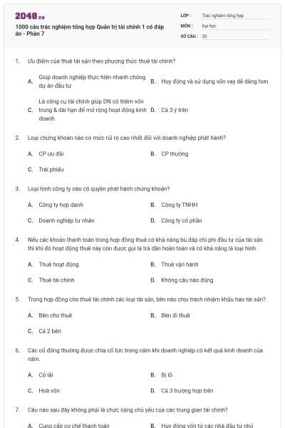 1000 câu trắc nghiệm tổng hợp Quản trị tài chính 1 có đáp án - Phần 7
