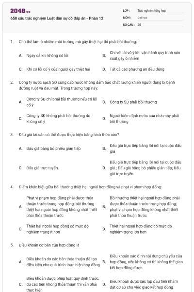 650 câu trắc nghiệm Luật dân sự có đáp án - Phần 12