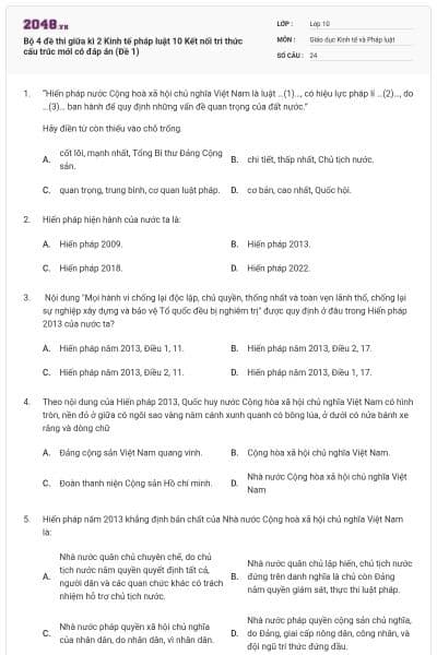 Bộ 4 đề thi giữa kì 2 Kinh tế pháp luật 10 Kết nối tri thức cấu trúc mới có đáp án (Đề 1)