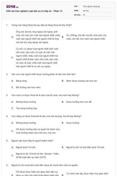 650 câu trắc nghiệm Luật dân sự có đáp án - Phần 14