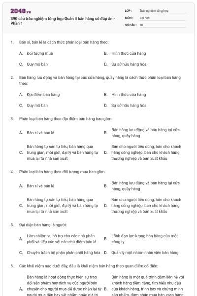 390 câu trắc nghiệm tổng hợp Quản lí bán hàng có đáp án - Phần 1