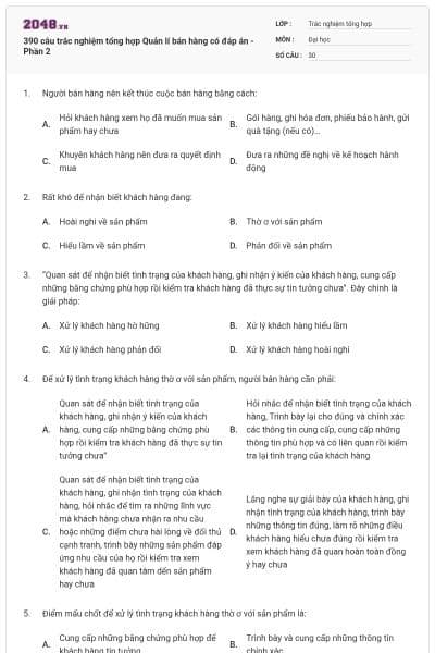 390 câu trắc nghiệm tổng hợp Quản lí bán hàng có đáp án - Phần 2