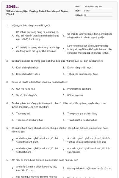 390 câu trắc nghiệm tổng hợp Quản lí bán hàng có đáp án - Phần 4