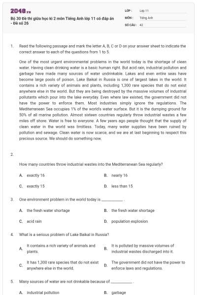 Bộ 30 Đề thi giữa học kì 2 môn Tiếng Anh lớp 11 có đáp án - Đề số 26