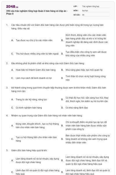 390 câu trắc nghiệm tổng hợp Quản lí bán hàng có đáp án - Phần 8