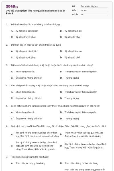 390 câu trắc nghiệm tổng hợp Quản lí bán hàng có đáp án - Phần 9
