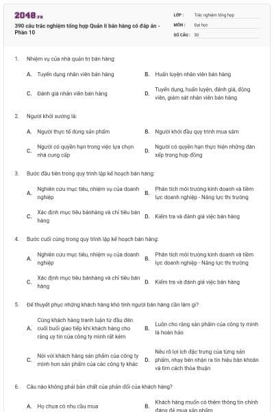 390 câu trắc nghiệm tổng hợp Quản lí bán hàng có đáp án - Phần 10