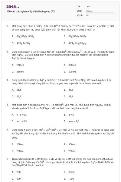 100 câu trắc nghiệm Sự điện li nâng cao (P3)