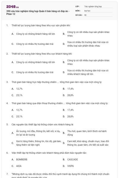 390 câu trắc nghiệm tổng hợp Quản lí bán hàng có đáp án - Phần 12