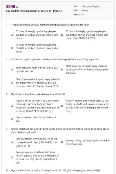 650 câu trắc nghiệm Luật dân sự có đáp án - Phần 15