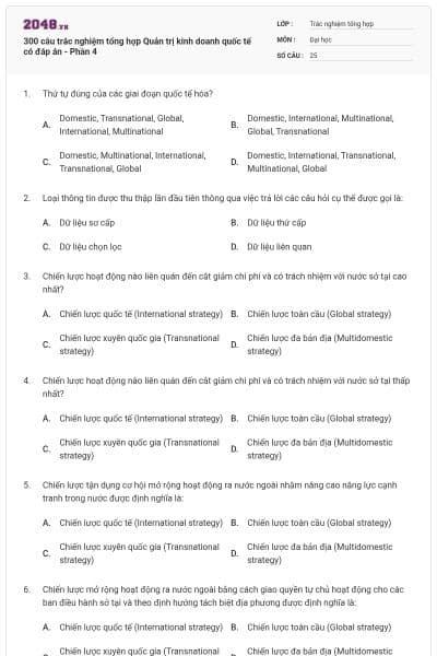 300 câu trắc nghiệm tổng hợp Quản trị kinh doanh quốc tế có đáp án - Phần 4